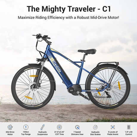 Eleglide C1 Electric Trekking Bike 27.5" 250W Mid-Drive Motor 36V 14.5Ah Battery