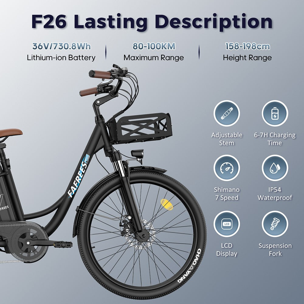 Fafrees F26 Lasting Electric Bike 26" Tires 250W Motor 36V 20.3Ah Battery