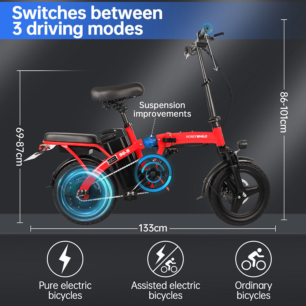 Honey Whale S6-S Electric City Bike 14" Tires 250W Motor 48V 10.4Ah Battery