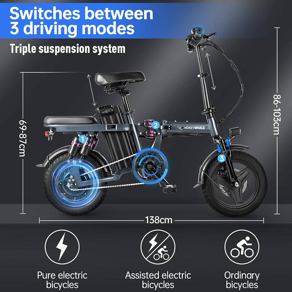 Honey Whale S6 Pro-S Electric City Bike 14" Tires 350W Motor 48V 15Ah Battery