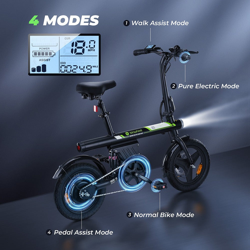 isinwheel U1 Electric Bike with Seat 14" Tires 250W Motor 36V 7.8Ah Battery