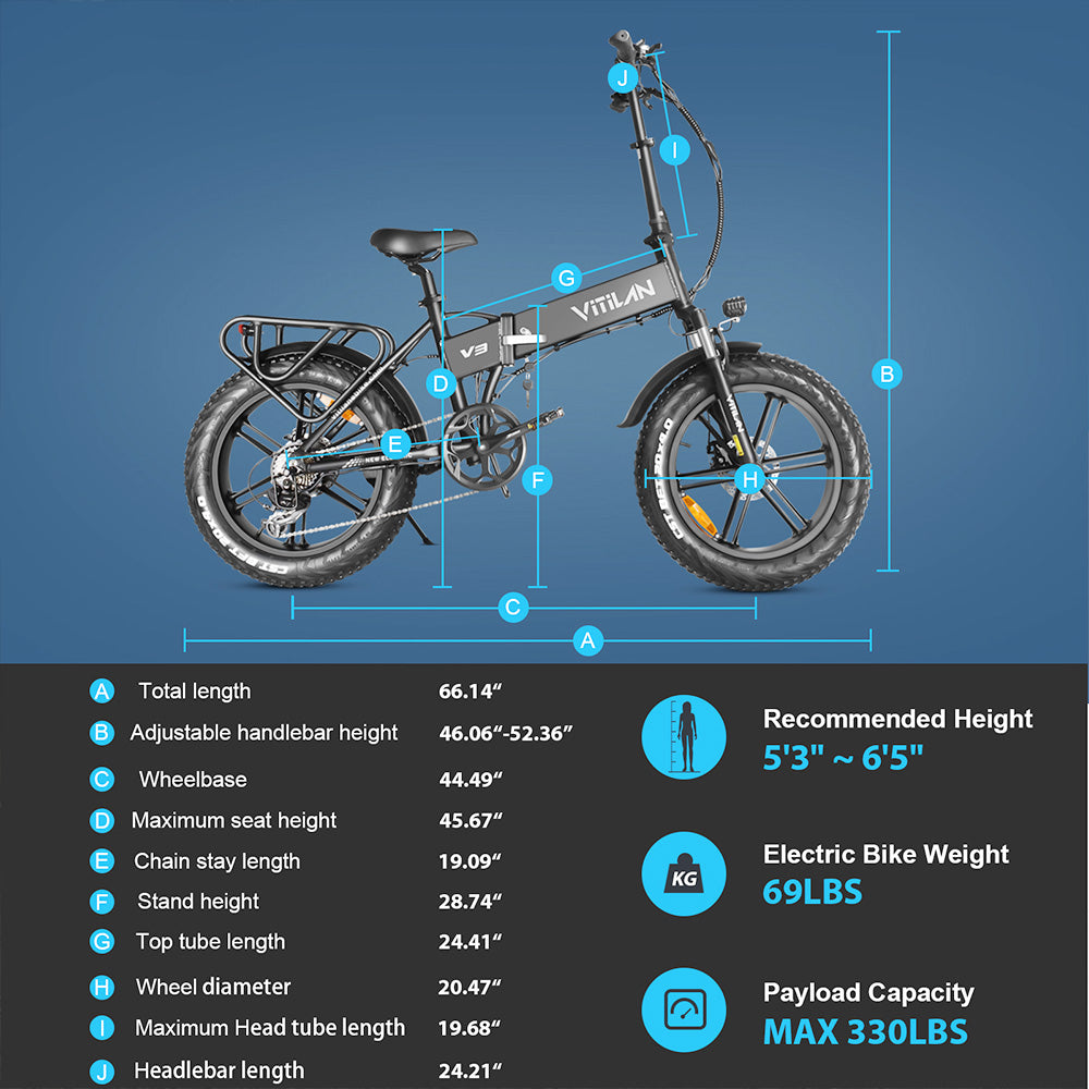 Vitilan V3 Electric Folding Bike 20" Fat Tires 750W Brushless Motor 48V 13Ah Battery